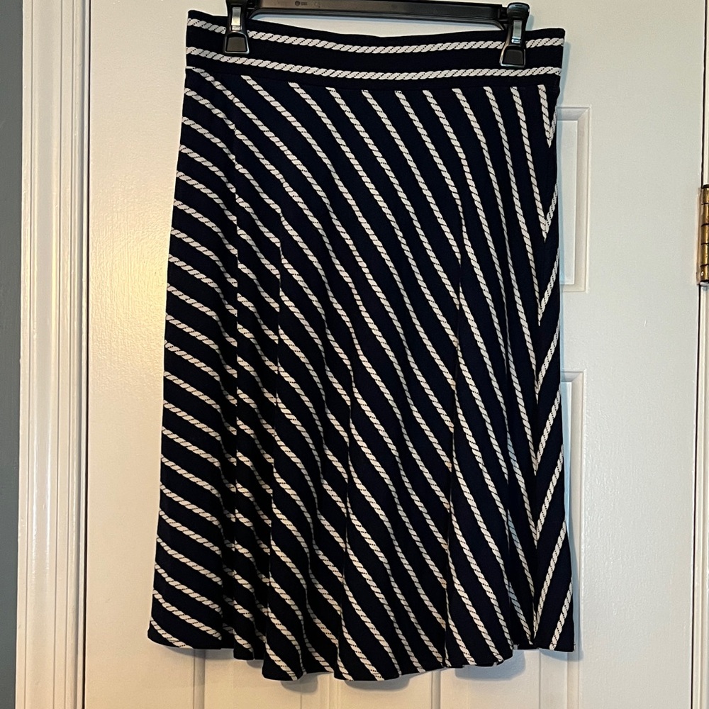 Ann Taylor Navy and White Striped Midi Skirt